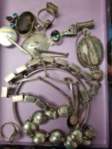 Tray silver costume jewellery to include Danish Arne Johansen Modernist bracelet and ring, a Danish