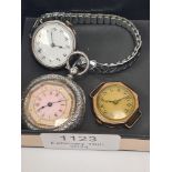 Continental ladies silver fob with pink enamel dial, roman numerals and golden crossover detail, mar