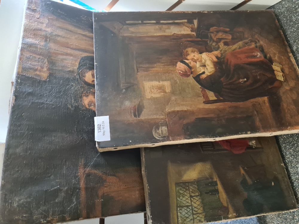A quantity of antique unframed oil paintings, mostly on canvas, to include J Reil mother and baby in - Image 6 of 7