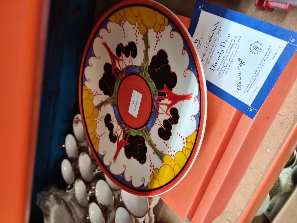 A Wedgwood Clarice Cliff design limited edition cake stand having Divinely Deco design, boxed, 28.5c