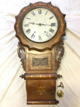 A C19th American drop-dial wall clock by Jerome & Co, the mahogany case with floral boxwood inlay