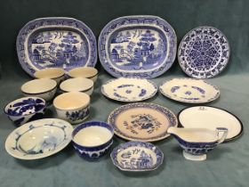 Miscellaneous blue and white ceramics including two Victorian willow pattern meat dishes, a