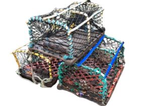 Three miscellaneous rectangular hooped lobster pots with iron ribbed bases. (3)