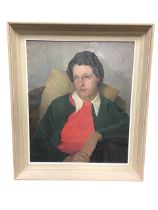 Oil on canvas circa 1950, bust portrait of a lady seated in an armchair, wearing a red jumper and