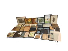A box of miscellaneous pictures and photograph frames including a pair a small oil landscapes, a