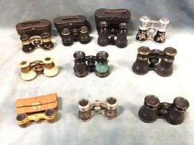 Ten pairs of C19th & C20th opera glasses - mother-of-pearl, brass with leather mounts, aluminium