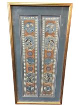 A pair of early C20th Chinese silk cuff panels, embroidered with metallic threads and scenes of