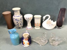 Miscellaneous ceramics and glass including an Allertons toby jug, a pair of glass swans, a World Cup