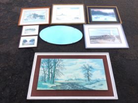 Miscellaneous framed pictures - Gordon Wilson, watercolour of Lindisfarne castle, photographs of the