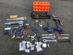 Miscellaneous hand tools - saws, chisels, materials, spanners, pliers, clamps, planes, storage boxes