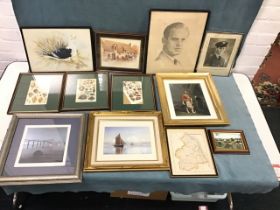 Miscellaneous framed prints, drawings and photographs including a Victorian handcoloured map of