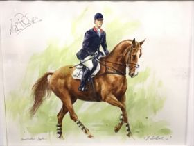 TJ Gilbert, watercolour, equestrian portrait of Zara Phillips titled Zara Phillips - Toytown, signed