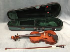 A cased contemporary violin and bow by Stentor. (18.5in) (3)