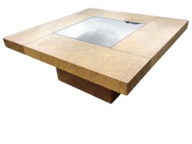 A 1970s G-plan birdseye maple coffee table, the square top with central mirror panel and brass