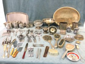 Miscellaneous silver plate and metalware including an Edwardian tazza, an oval tray with gadrooned