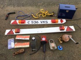 A 5ft trailer number plate light board with reflectors, indicators, cables, etc; another similar