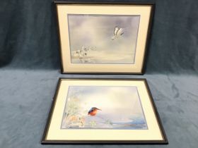 Ursula, watercolours, a pair, kingfisher and flamingoes by watersides, signed, mounted & framed. (