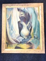Oil on canvas, impressionist style still life with pitcher on table framed by drapes, unsigned and