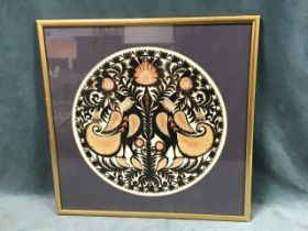 A circular cut paper silhouette panel depicting exotic birds and flowers among scrolling foliage,