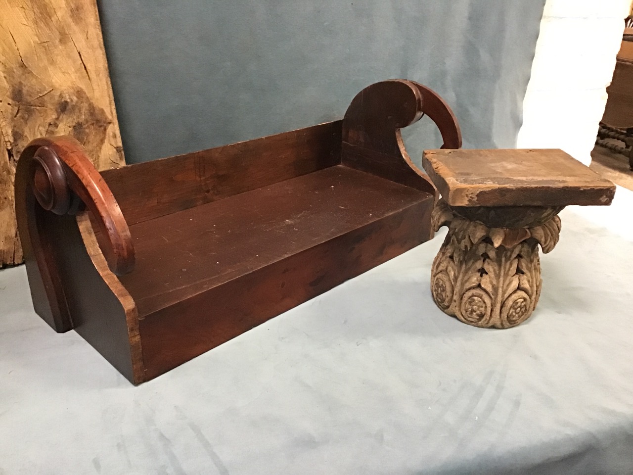 A heavy antique elm chopping board - 27.5in; a mahogany bookshelf with scrolled ends - 28.5in; an - Image 2 of 3