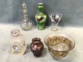 Miscellaneous blown glass - a decanter and stopper with bobbled interior, a vaseline vase painted