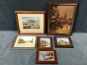 Six paintings - Les Hall, watercolour, an angler below a weir, inscribed verso, signed mounted and