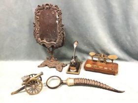 A Victorian cast iron mirror on stand with allover scrolling foliage; a burr walnut and brass letter