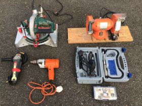 Five power tools - a cased Dremel engraver with sanding tools, a Silverline bench grinder, a Bosch