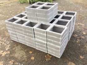 Forty-four square metal grey painted garden tubs with flat rims and rectangular panelled sides. (8in