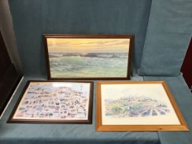 Three framed colour prints - Ed Mandon, breaking waves at sunset, signed in print - 31in x 15.