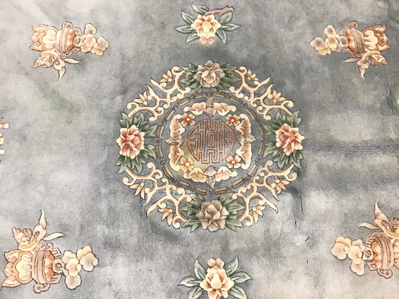 A Chinese thick pile wool carpet, the pale blue field centered by a shou symbol and floral - Image 3 of 3