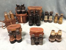 Five pairs of leather cased binoculars by Ross - London, HH & Son - Liverpool, L Petit - Paris