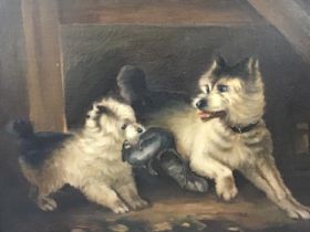 Nineteenth century oil on canvas, terrier and puppy catching a rat in an attic, unsigned, in gilt