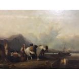 Circle of William Shayer, C19th oil on canvas, figures with horses on a beach withfishing boats in