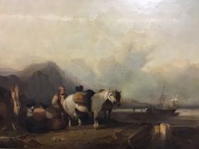 Circle of William Shayer, C19th oil on canvas, figures with horses on a beach withfishing boats in