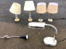 Six miscellaneous contemporary tablelamps - a pair of brushed metal column form with pleated shades,