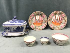 Miscellaneous Chinese ceramics - a C18th blue & white tureen and cover on stand with bestial