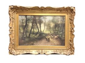 Joseph Farquharson, colour lithograph, Scottish shepherd driving his flock through misty woodland,