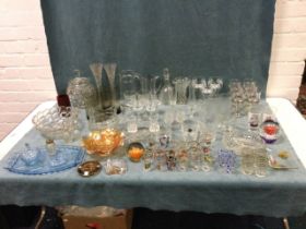 Miscellaneous glass, including novelty shot glasses, wine glasses, highballs, beer glasses, vases,