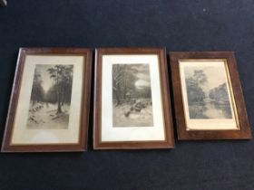 D Sherrin, a pair, etchings titled Through the Woods, and A Shepherds Care, snowy winter scenes in