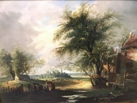 Nineteenth century English school, extensive landscape with distant spire and figures in