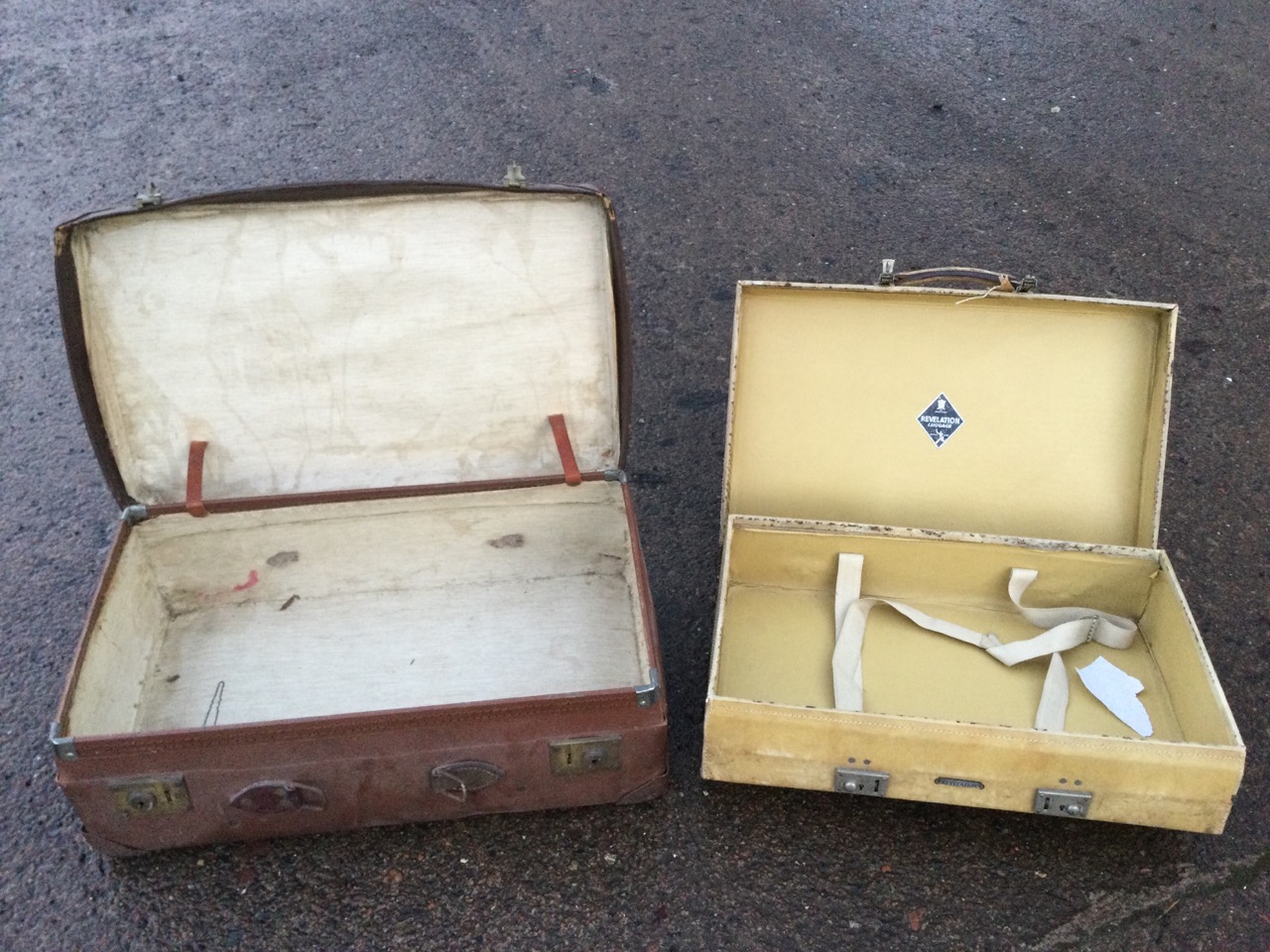 Four miscellaneous C20th suitcases - vellum by Revelation, fibreboard, leather with brass mounts and - Image 2 of 3