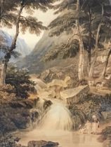 Circle of Joshua Cristall, watercolour, early C19th, waterfall in a wooded valley with goats and