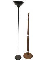 A contemporary metal uplighter standard lamp on a circular base - 72in; and a turned beech