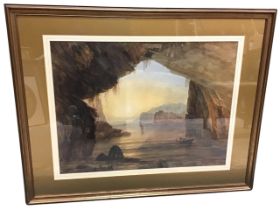 Andrew Nicholl RHA, watercolour, dusk view from inside the cave with boats with the fort and