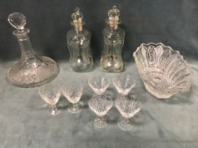 Miscellaneous glass - a pair of spirit decanters with pinched bodies, silver plated collars and