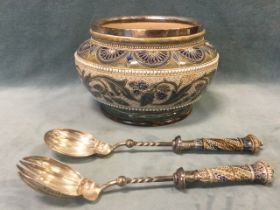 A Victorian Doulton Lambeth stoneware salad bowl & servers by Emma Martin, having floral and