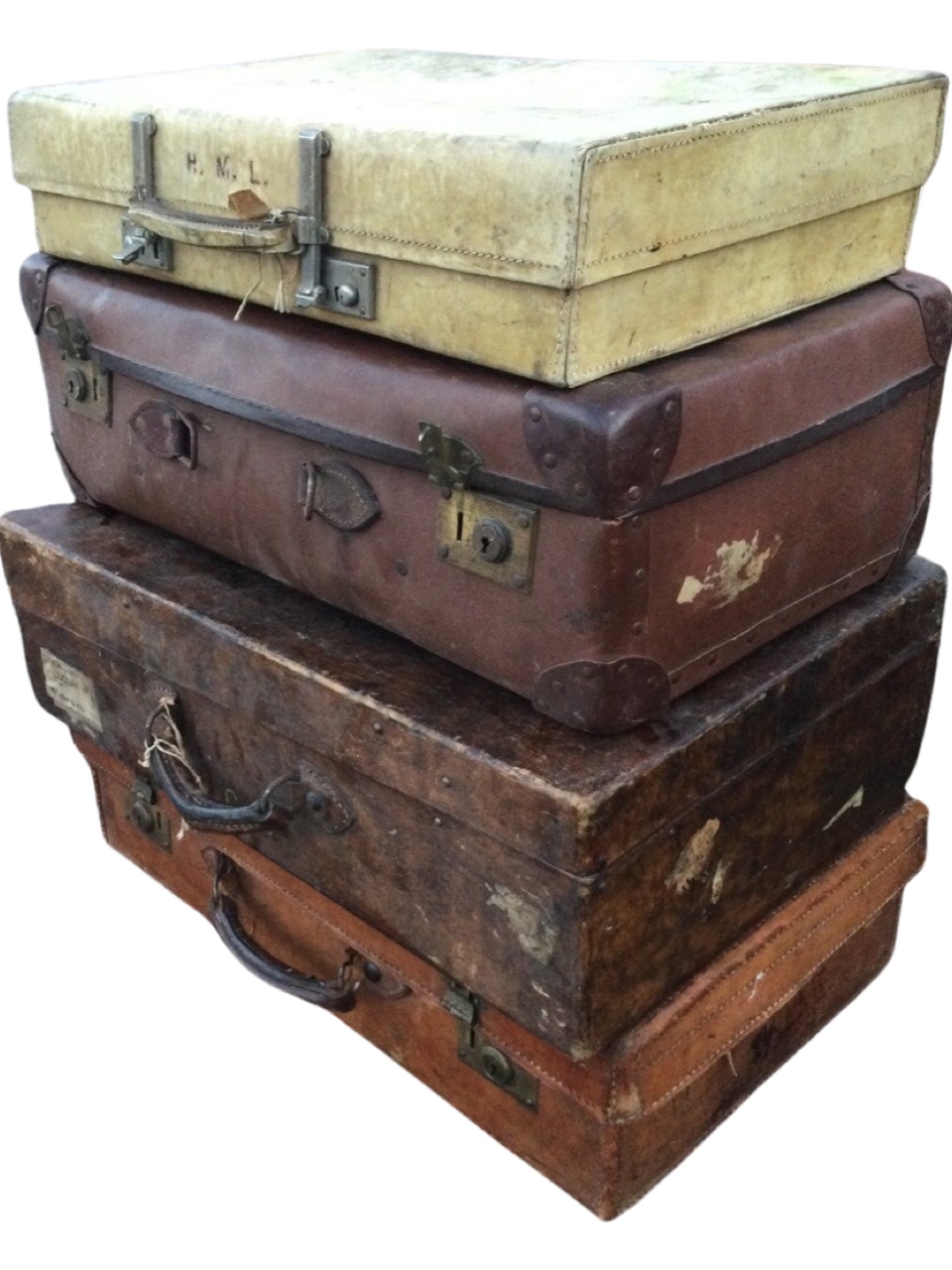 Four miscellaneous C20th suitcases - vellum by Revelation, fibreboard, leather with brass mounts and
