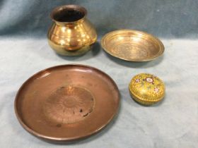 A nineteenth century copper bowl embossed with central flowerhead medallion; a cloisonné bun