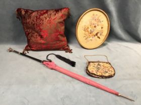 A ladies parasol with cabochon jewels to pommel on square silver plated handle; a square bead